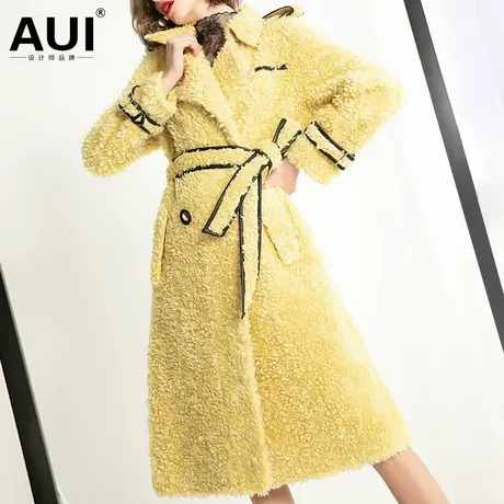 欧洲站颗粒羊绒毛毛皮草外套女2021秋冬新款黄色中长款羊剪绒大衣图片