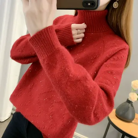 软糯女士毛衣秋季2023新款女装高领套头亮片针织打底衫女宽松上衣商品大图