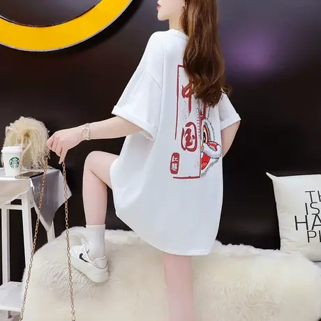 宽松设计感短袖T恤女中长款2023新款夏季洋气减龄网红ins超火上衣商品大图