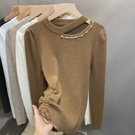 圆领毛衣女钉珠打底衫2023秋冬新款套头抽绳外穿针织衫内搭上衣潮图片