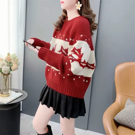 氛围感温柔圣诞枫叶红色圆领毛衣女2023年新款秋冬宽松软糯针织衫商品大图