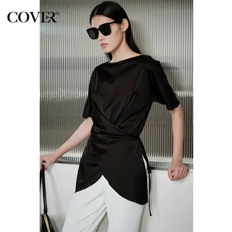 COVER夏季真丝缎面交叉连肩袖衬衫商品大图