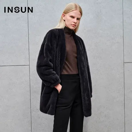 INSUN恩裳奥莱2023冬季丹麦水貂大衣深V皮草商品大图