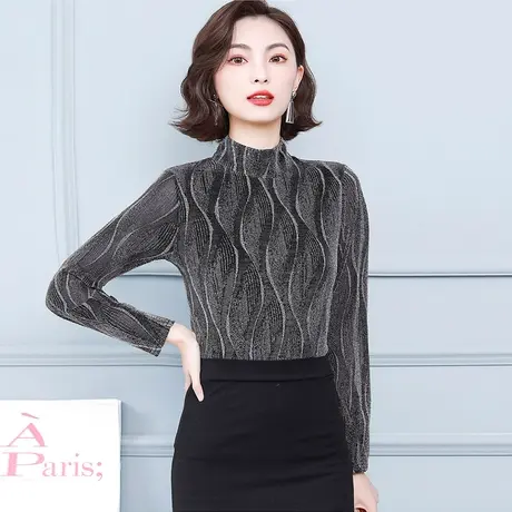 秋冬女士打底衫2023年流行新款亮丝网纱洋气内搭加绒保暖妈妈上衣商品大图