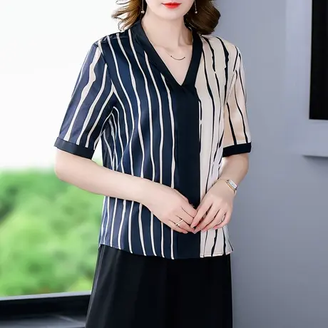 2023夏季新款真丝短袖t恤条纹衬衣时尚高级感妈妈漂亮衬衫女上衣商品大图