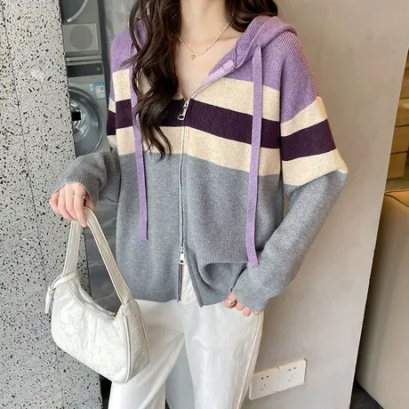 春秋季新款拉链连帽条纹毛衣外套女开衫时尚春秋针织衫爆款上衣商品大图