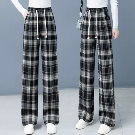 抽绳格纹毛呢阔腿裤女高腰垂感2023年冬季宽松休闲加厚呢子直筒裤商品大图