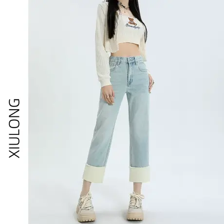 高腰直筒牛仔裤女春秋显瘦宽松小个子九分设计感小众阔腿烟管裤子商品大图