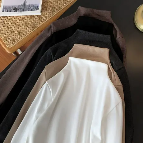 半高领德绒打底衫女2020秋冬加绒加厚内搭洋气长袖磨毛t恤上衣服图片