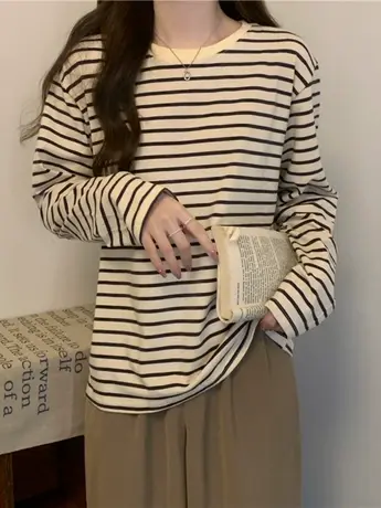 圆领长袖t恤女2024秋装新款宽松显瘦百搭条纹打底衫休闲内搭上衣商品大图