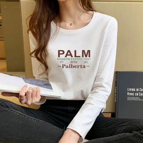 长袖T恤女字母印花休闲宽松上衣2023春秋款纯棉遮肉显瘦大码女装图片