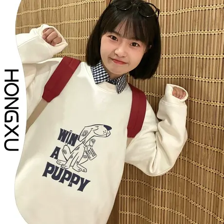 红续圆领加厚加绒上衣女生2023冬季新款原创设计印花卫衣百搭显瘦图片