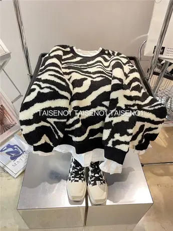 现货~自留推荐 豹纹颗粒绒加绒加厚假两件套头卫衣女宽松盖pp外套商品大图