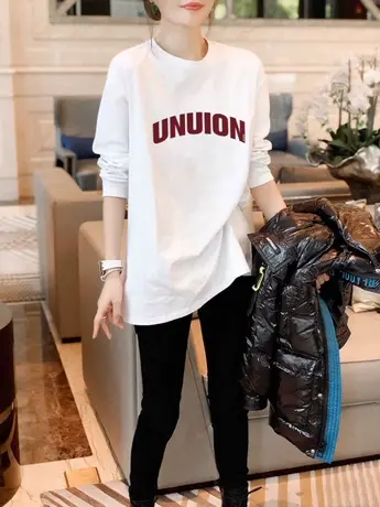 白色中长内搭打底衫2023新款欧货大版女装秋冬季加绒长袖t恤上衣图片