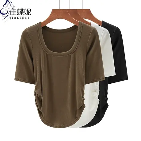 夏季新款韩版圆领圆弧褶皱修身纯色纯棉中袖体恤上衣内搭女打底衫商品大图