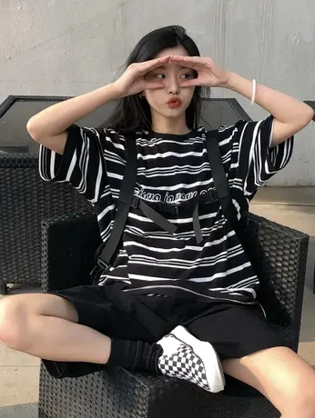 美式条纹短袖t恤男女同款设计感街头ins小众夏季大码新款纯棉上衣商品大图