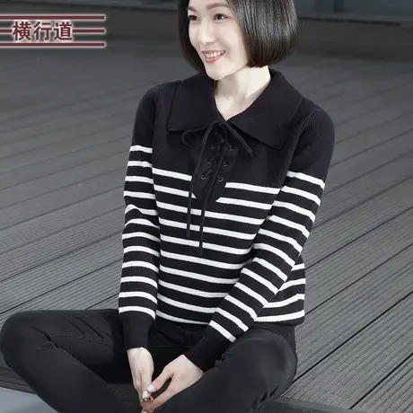 翻领宽松撞色条纹长袖毛衣大码女上衣服2024春装绑带针织衫妈妈装商品大图
