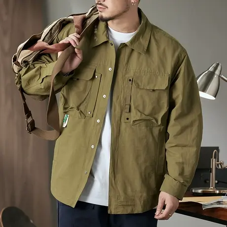 春秋男装高密棉锦平纹男士外套复古宽松外套男春秋宽松休闲外套图片