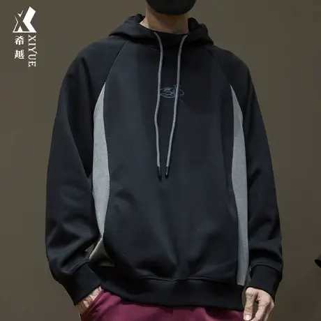 希越秋冬新款插肩撞色连帽卫衣男生潮流ins风宽松大码套头打底衫商品大图