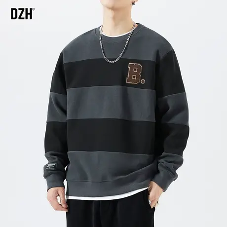 男士条纹卫衣男春秋款圆领小众设计感外套男装2024年新款黑色上衣商品大图