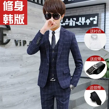 西服男三件套格子小西服套装青年韩版修身西装男结婚伴郎修身时尚商品大图