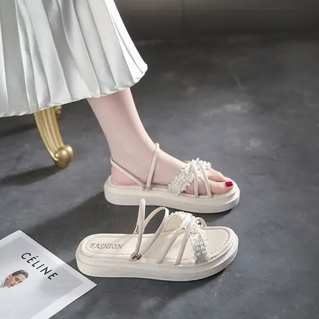 法式凉鞋女夏平底2024年新款仙女风珍珠两穿沙滩厚底网红凉拖外穿商品大图