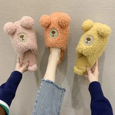 冬天室内居家拖鞋男女情侣可爱毛绒小熊家居保暖毛茸茸棉拖鞋家用图片