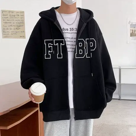 加绒开衫卫衣男秋冬季2023新款宽松情侣ins潮牌连帽美式加厚外套图片