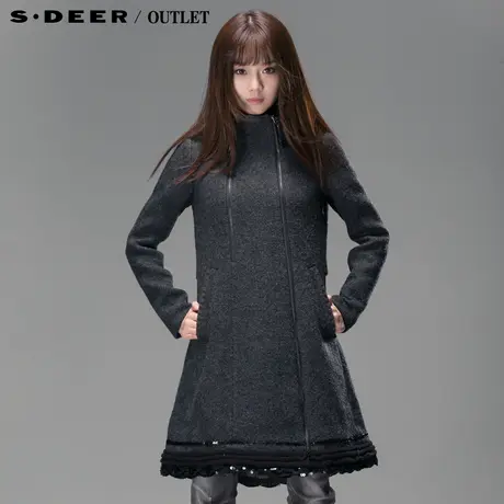 【新品】sdeer圣迪奥女装冬装双门襟拉链钩花边呢质大衣3481855图片