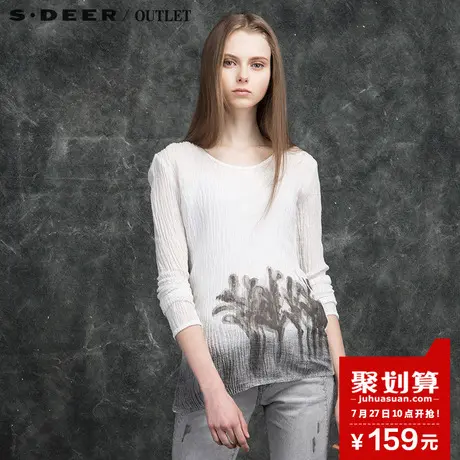 sdeer圣迪奥女装秋装肌理质感水墨印花圆领棉麻抓皱衬衫S16180553图片