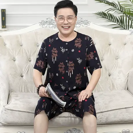 北极绒睡衣男夏季棉绸套装大码中老年开衫短袖两件套绵绸爸爸装商品大图