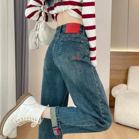 卷边直筒牛仔裤女2024春秋新款高腰宽松九分小个子拼接窄版哈伦裤商品大图