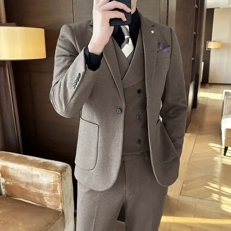 秋冬星空毛呢西服男士通勤商务装英伦风休闲套装加厚保暖西装外套商品大图