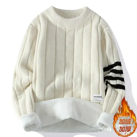 秋冬季半高领水貂绒毛衣男加厚高端帅气条纹保暖一体绒针织羊毛衫商品大图