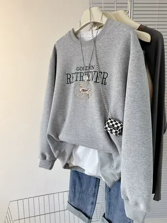 加绒加厚美式复古字母小狗刺绣简约大方宽松秋冬女款圆领卫衣女潮图片