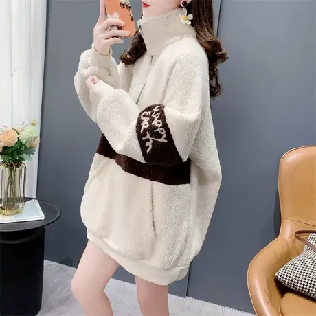 半拉链高领加绒加厚羊羔毛卫衣女秋冬2023年新款爆款时尚外套上衣商品大图