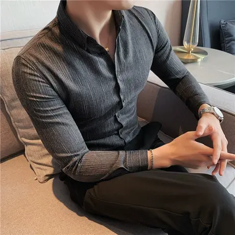 男士长袖衬衫春秋季高级感商务弹力修身2023新款小众休闲条纹衬衣商品大图