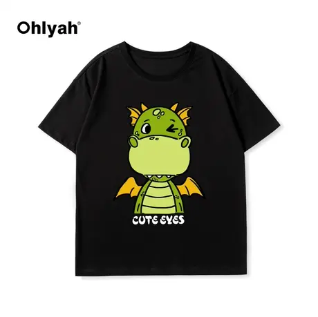 Ohlyah春夏新款小龙印花圆领短袖t恤男女情侣宽松大码学院风打底商品大图