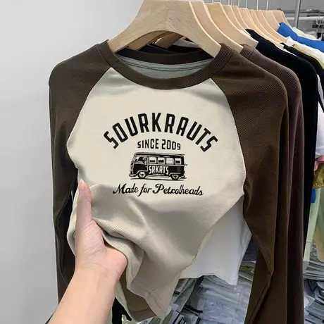 长袖t恤女2023春秋新款小个子修身印花上衣圆领磨毛内搭打底衫潮商品大图