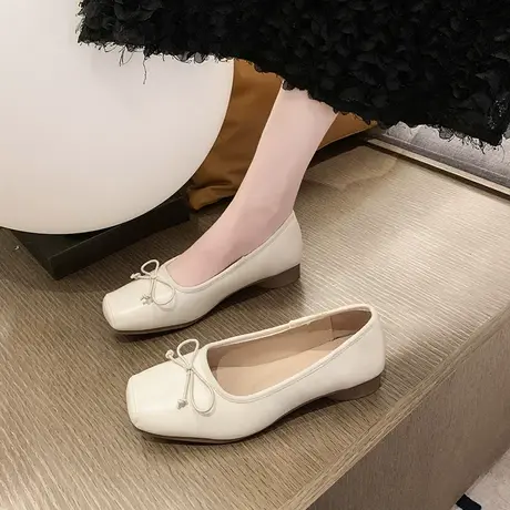 女鞋2024年春秋季新款时尚法式方头浅口单鞋蝴蝶结低跟通勤小皮鞋商品大图