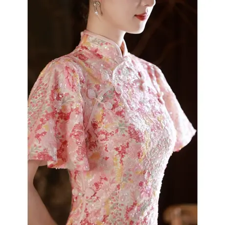 粉色敬酒服新娘旗袍订婚礼服女夏季连衣裙高级感亮片高端轻奢小众商品大图