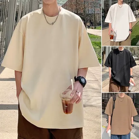 重磅短袖t恤男夏季2023新款潮流ins华夫格五分袖宽松纯色半袖上衣商品大图