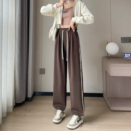 运动裤女春秋新款韩版显瘦两穿阔腿裤子抽绳束脚咖色宽松休闲卫裤图片