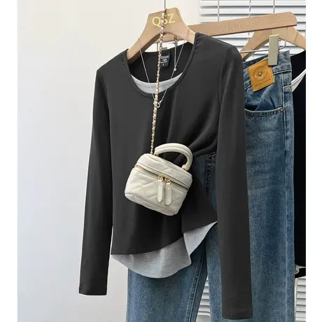 假两件长袖t恤女2024新款早初春秋季薄款内搭打底衫宽松外穿上衣图片