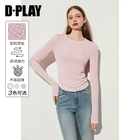 DPLAY春通勤粉色圆领修身定制D字珍珠烫钻装饰亲肤弹力T恤打底衫商品大图