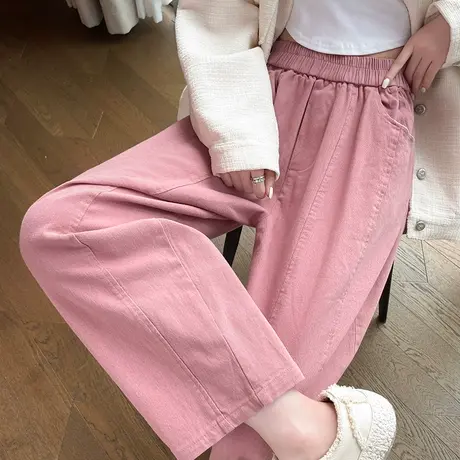 粉色休闲裤女春秋高腰宽松直筒阔腿九分香蕉萝卜奶奶裤哈伦老爹裤图片