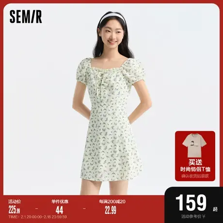 森马连衣裙女泡泡袖碎花雪纺裙森系2024新款夏季方领收腰短裙俏皮图片