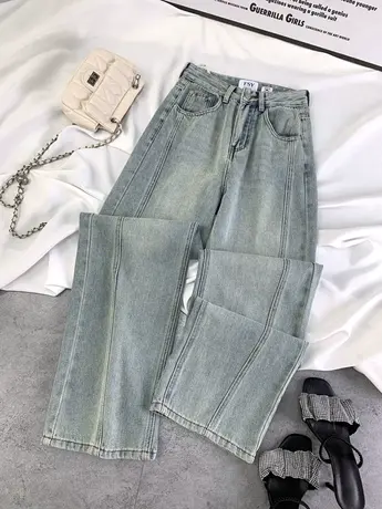 东大门复古磨白折线牛仔直筒裤女2024春夏新款显瘦百搭高腰宽松裤图片