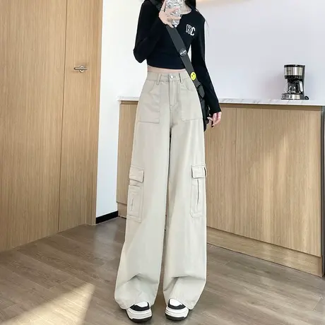 大口袋工装阔腿牛仔裤女2024春秋高腰宽松显瘦登山休闲运动拖地裤图片