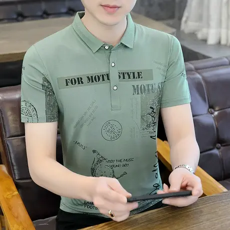 短袖T恤男款翻领半袖夏季新款2023潮流修身纯棉感polo衫印花衣服商品大图